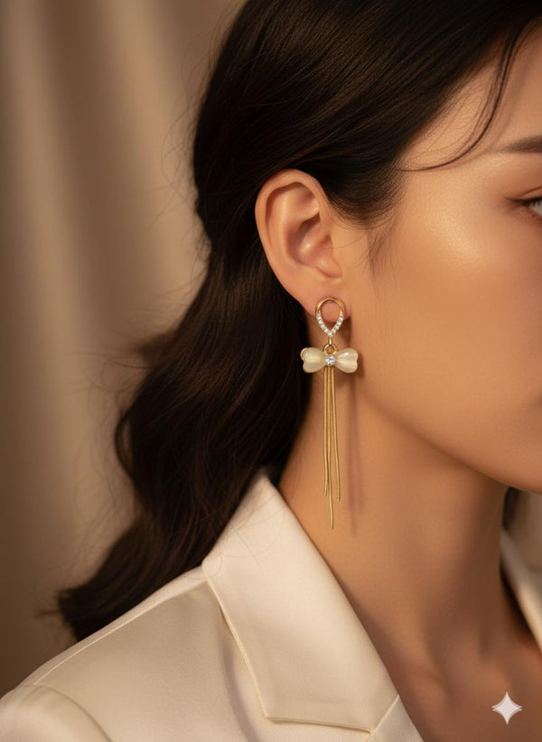 White Bow Tassel Korean Earrings