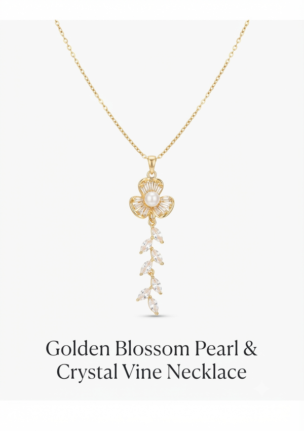Golden Blossom Pearl & Crystal Vine Necklace