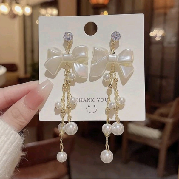 Pearl N Bow Hanging Korean Premium Earrings