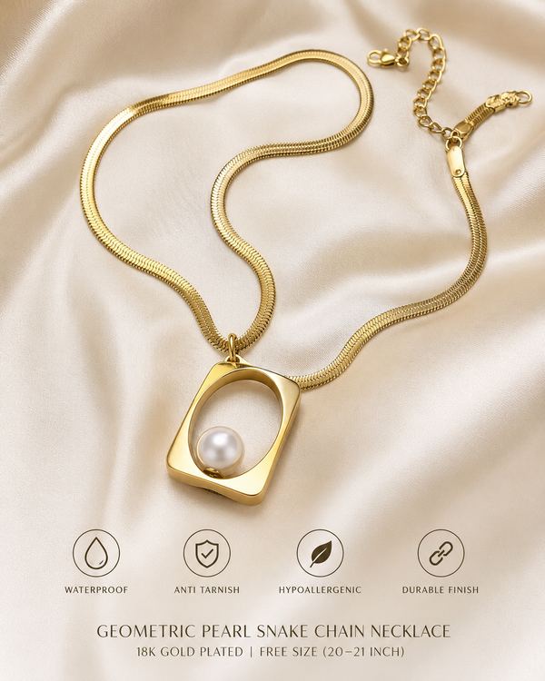 Viva’sPremium Geometric Pearl Snake Chain Gold Plated Necklace