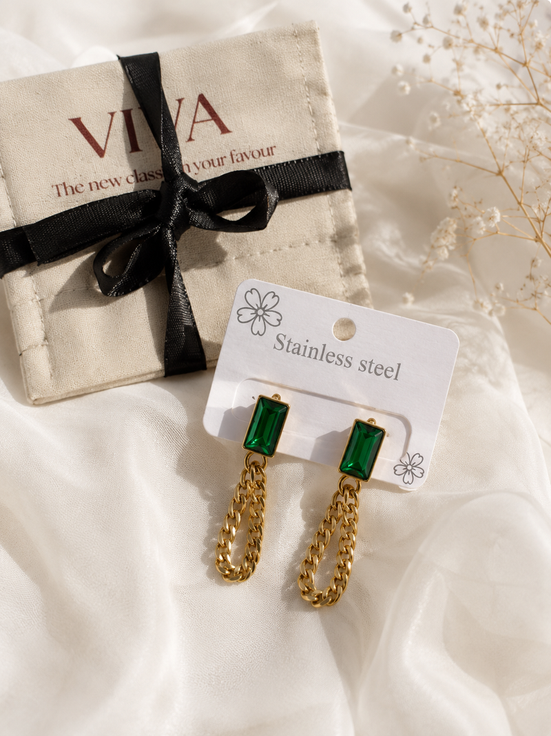 Green Emerald Chain Drop Earrings