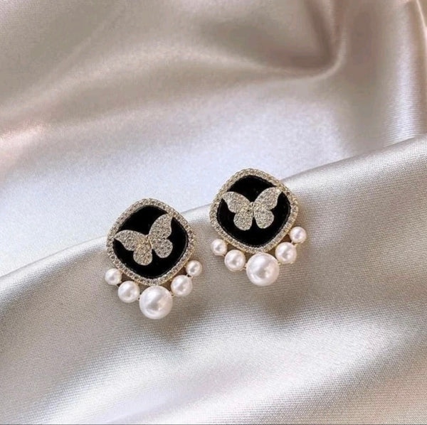Radiant Obsidian Butterfly Earrings with Pearls earring