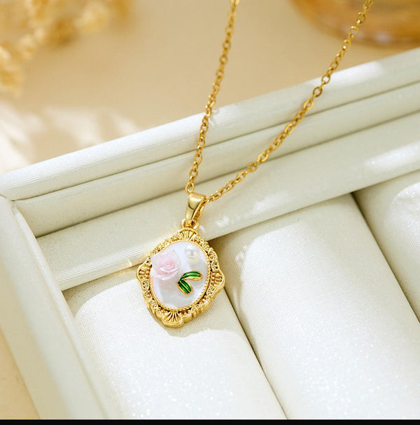 Victorian Rose Oval Inlay Ant Tarnish Necklace