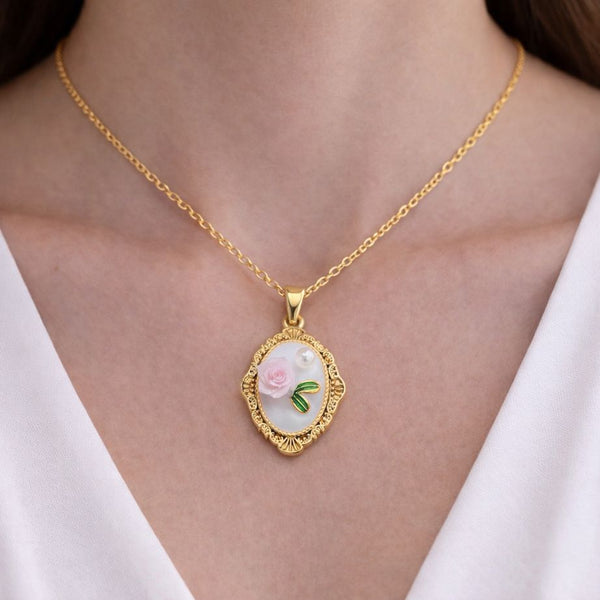 Victorian Rose Oval Inlay Ant Tarnish Necklace